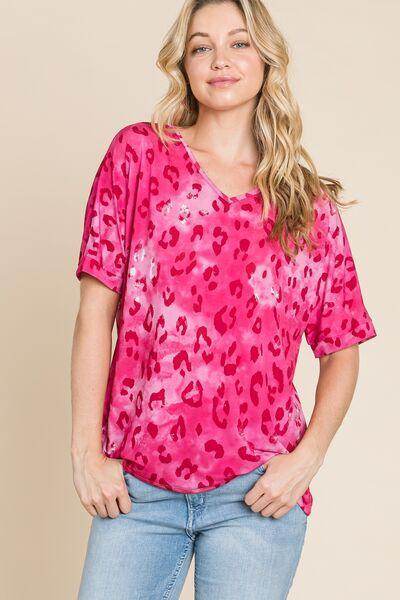 BOMBOM Leopard V-Neck Short Sleeve T-Shirt for Women - Selvanelle