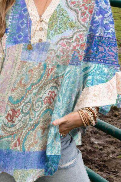 Lace Detail Patchwork Notched Three-Quarter Sleeve Blouse - Selvanelle