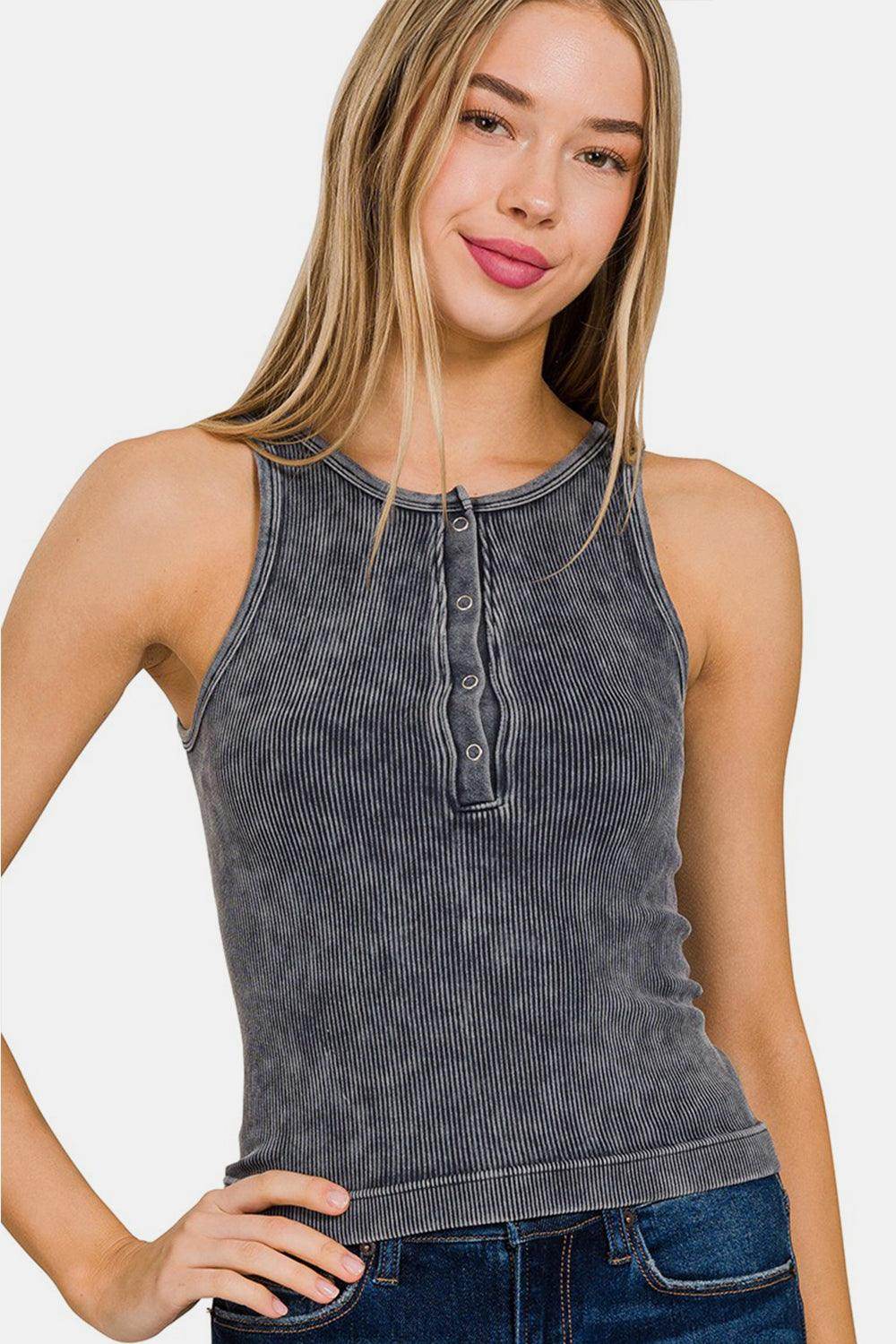 Zenana Washed Ribbed Half Snap Seamless Tank Top for Women - Selvanelle