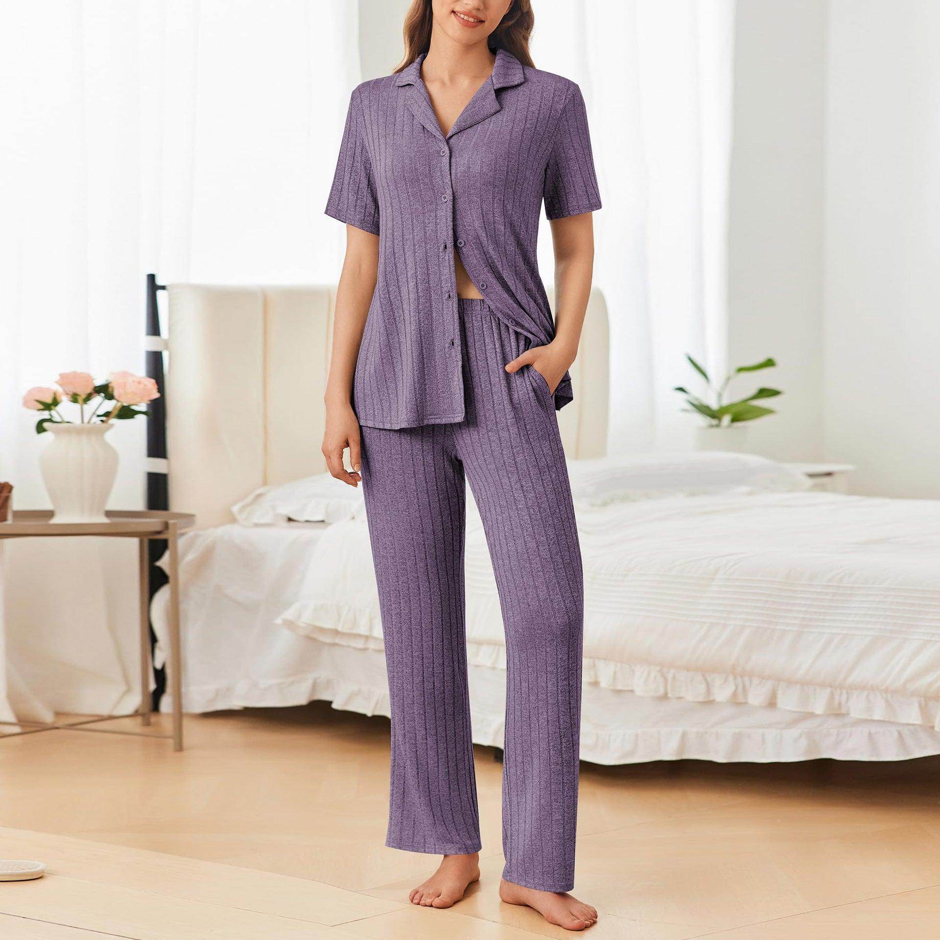 Button Down Long Sleeve Top and Pants Lounge Set for Women - Selvanelle