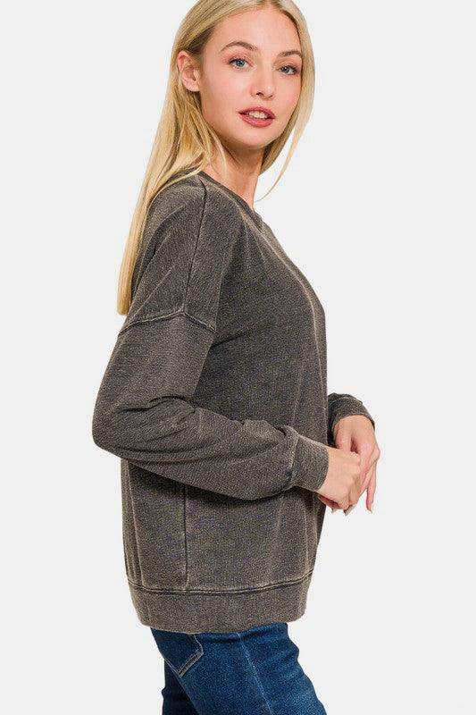 Zenana Washed Round Neck Dropped Shoulder Sweatshirt for Women - Selvanelle