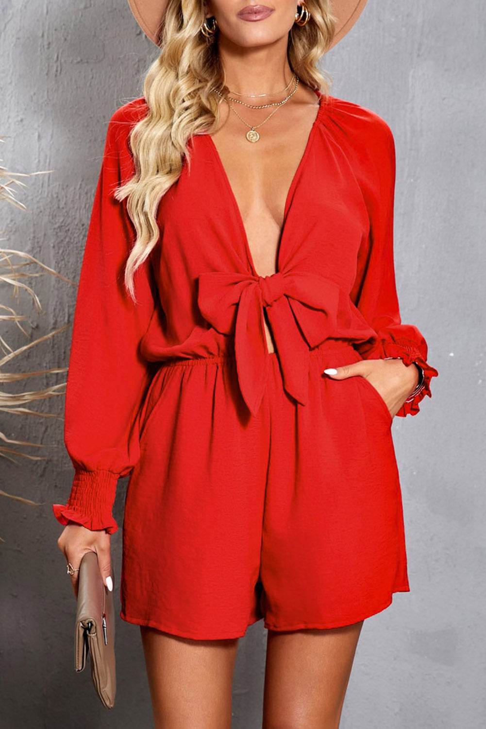 Tied Flounce Sleeve Plunge Romper - Selvanelle