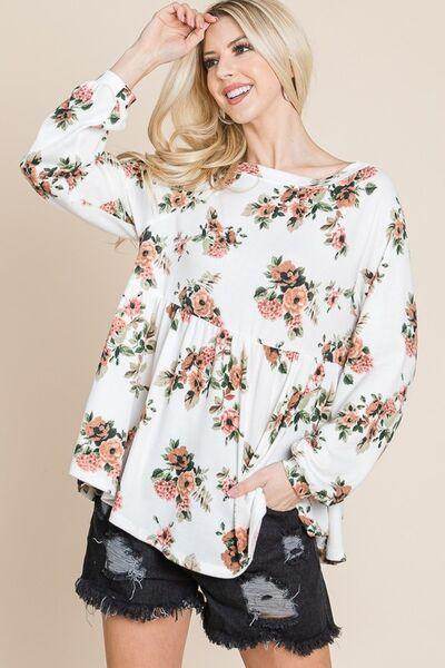 Super Lady Full Size Babydoll Floral Boat Neck Blouse - Selvanelle