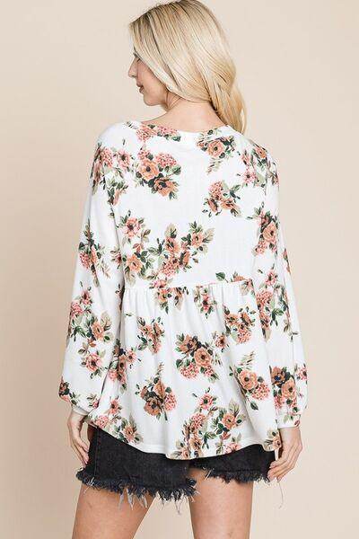 Super Lady Full Size Babydoll Floral Boat Neck Blouse - Selvanelle