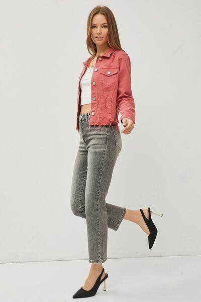 RISEN Full Size Raw Hem Button Up Cropped Denim Jacket Plus Size - Selvanelle