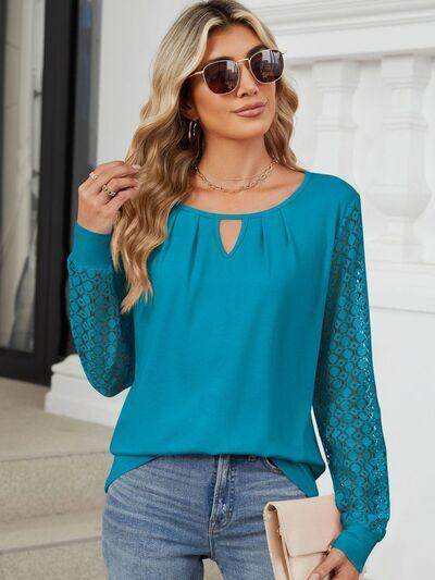 Cutout Round Neck Long Sleeve T-Shirt with Lace Detail - Selvanelle