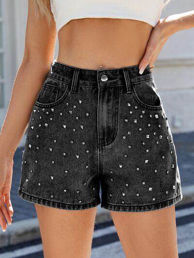 Rhinestone Washed High Waist Denim Shorts for Women - Selvanelle
