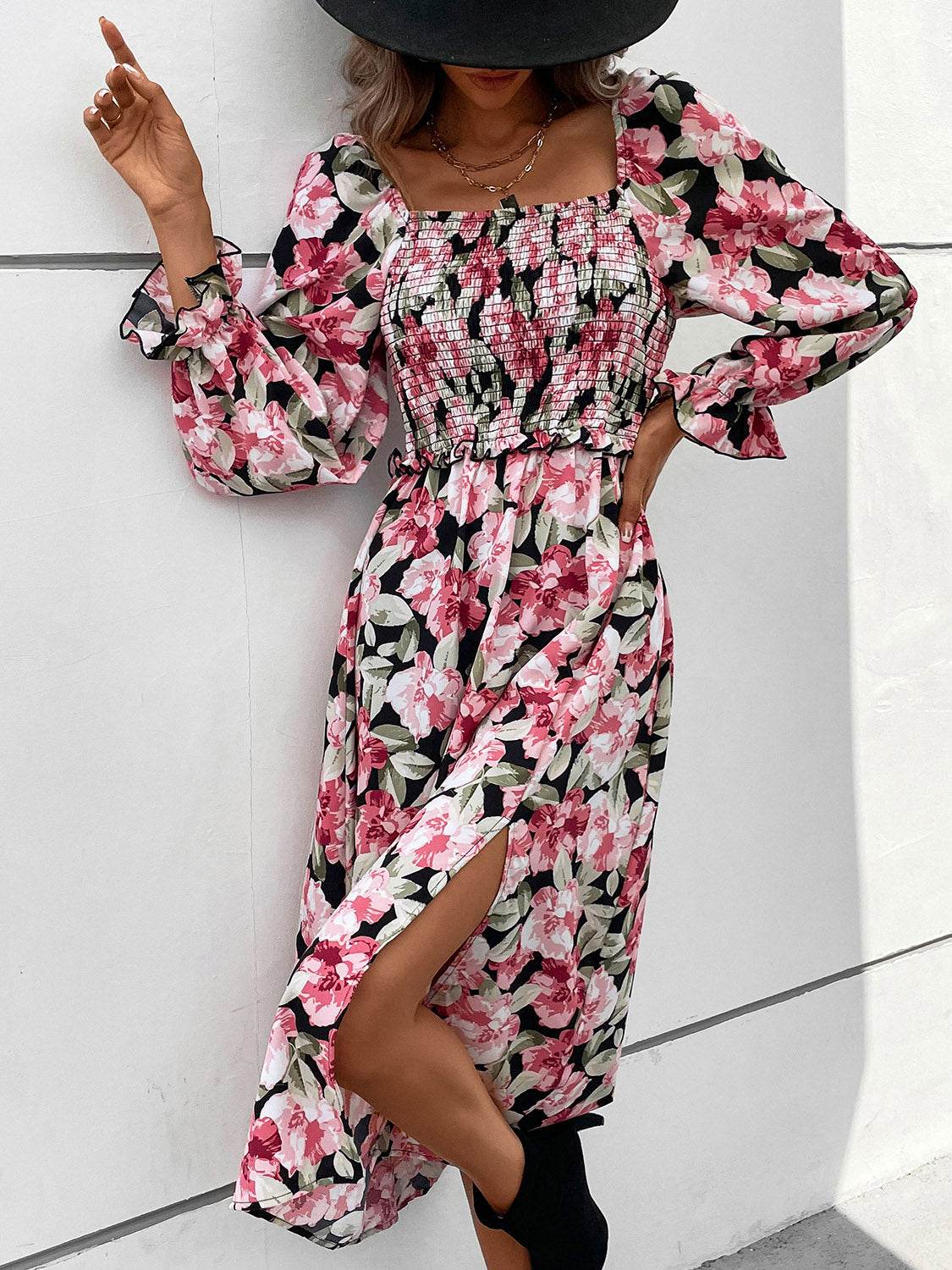 Perfee Slit Smocked Floral Flounce Sleeve Dress - Selvanelle