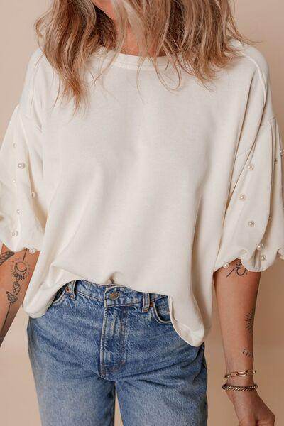 Pearl Detail Round Neck Half Sleeve Blouse for Women - Selvanelle