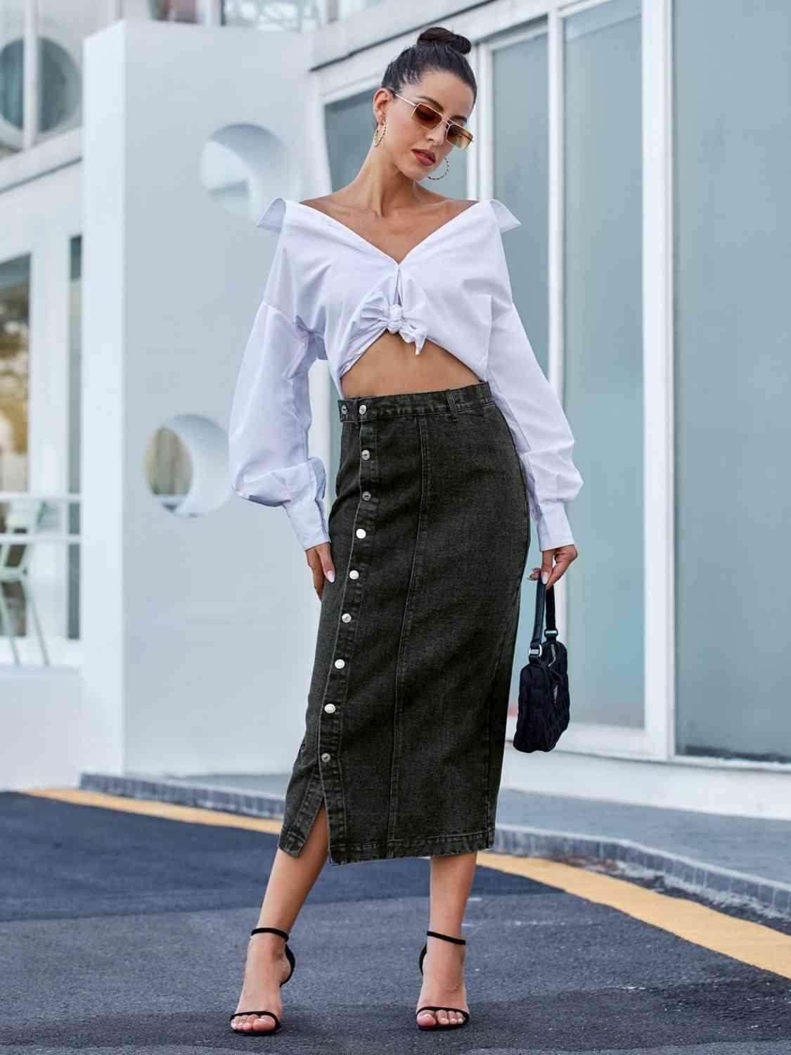 Button Down Denim Skirt for Women in Various Sizes - Selvanelle
