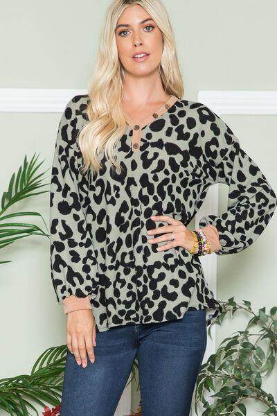 Celeste Full Size Leopard V-Neck Long Sleeve Blouse Fashion - Selvanelle