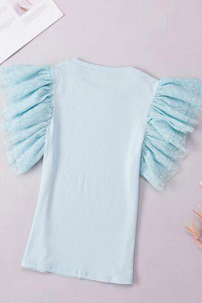 Ruffled Round Neck Cap Sleeve Top for Women Casual Wear - Selvanelle