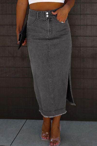 Raw Hem Slit Pocketed Midi Denim Skirt for Women - Selvanelle