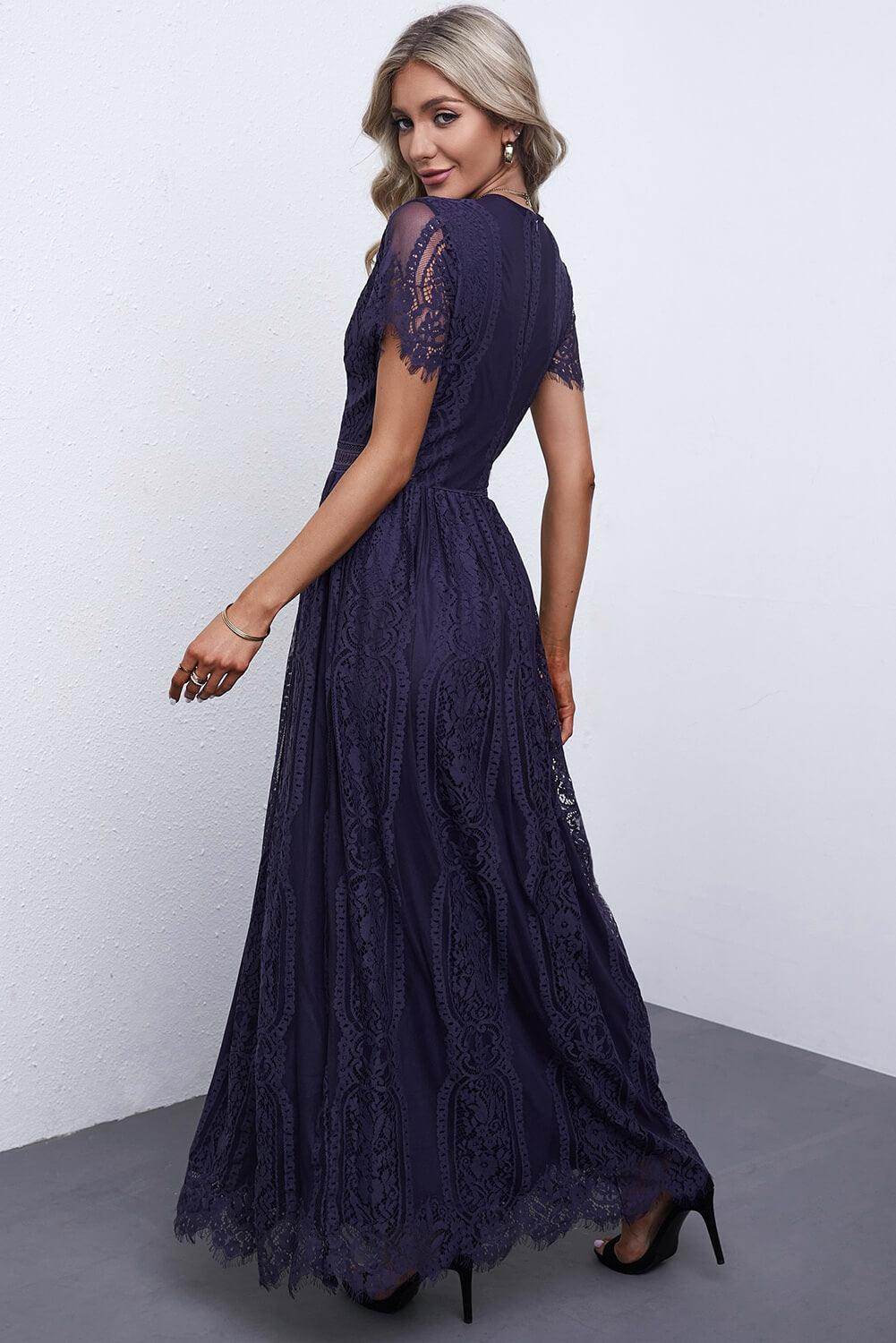 Scalloped Trim Lace Plunge Dress for Elegant Occasions - Selvanelle
