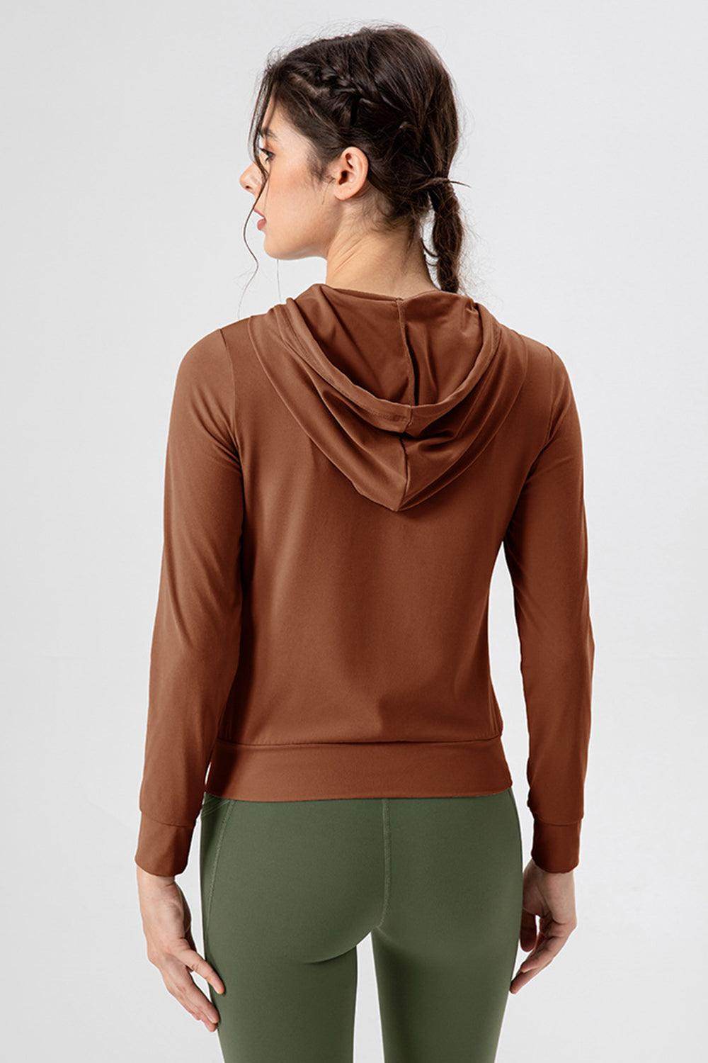 Drawstring Zip Up Hooded Active Outerwear for Women - Selvanelle