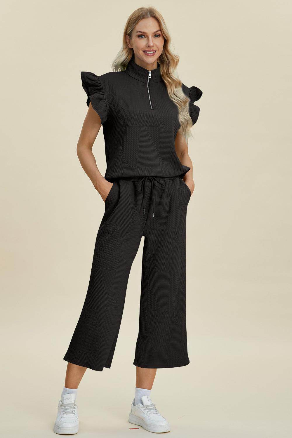 Double Take Full Size Texture Ruffle Top and Pants Set - Selvanelle