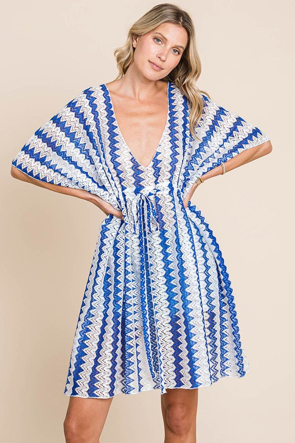 Cotton Bleu by Nu Lab Tied Striped Plunge Half Sleeve Cover-Up - Selvanelle