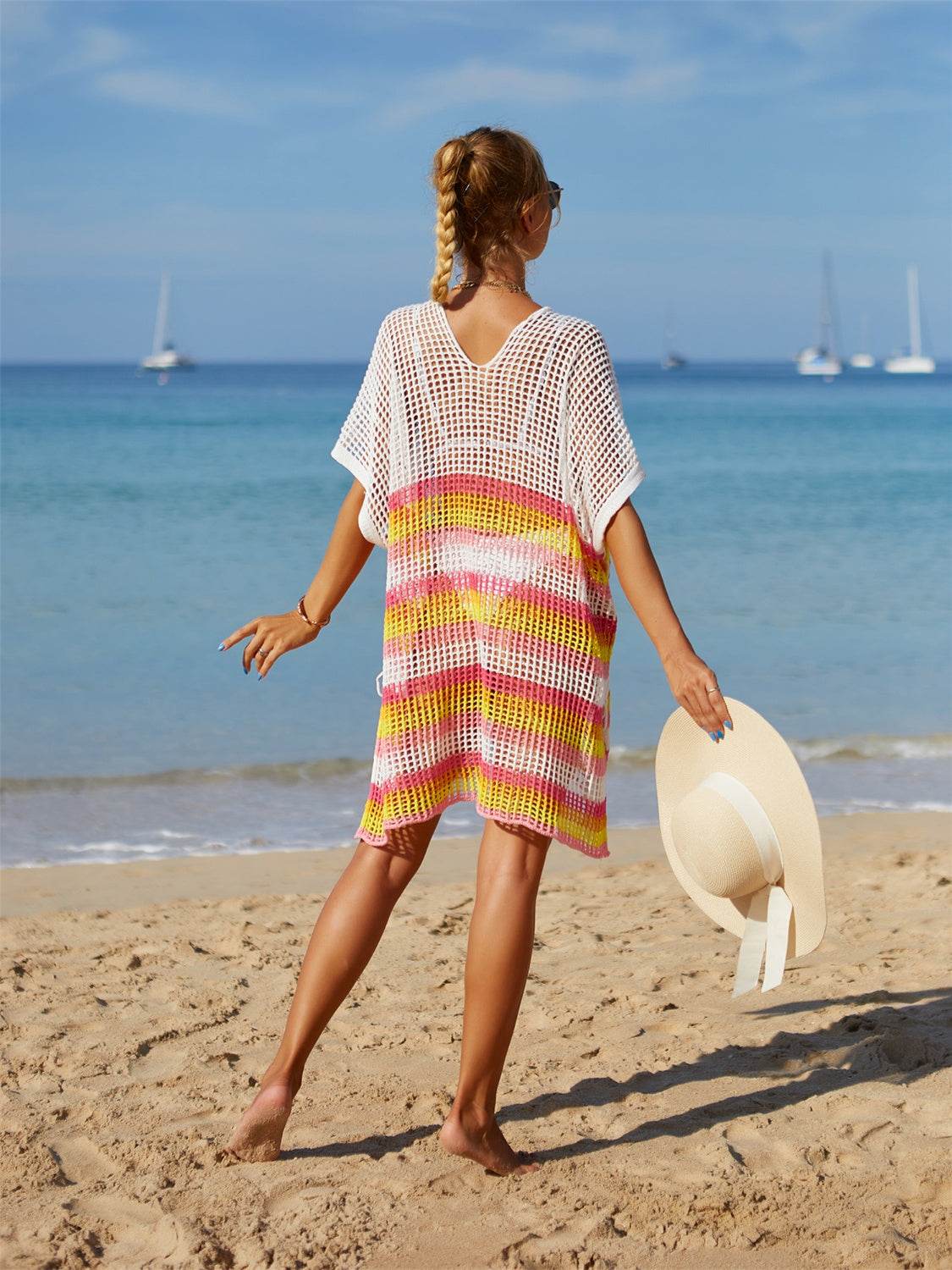 Angel Wings Cutout Striped Cover-Up with Tassel - Selvanelle