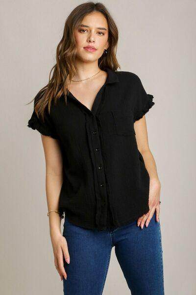 Umgee Full Size Frayed Hem Collared Neck Shirt Plus Size - Selvanelle