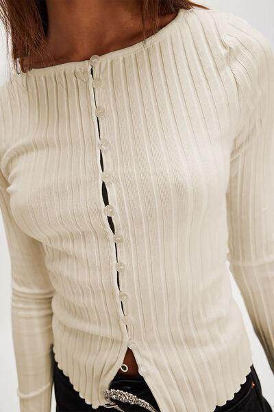 Basic Bae Texture Button Up Round Neck Long Sleeve Top - Selvanelle