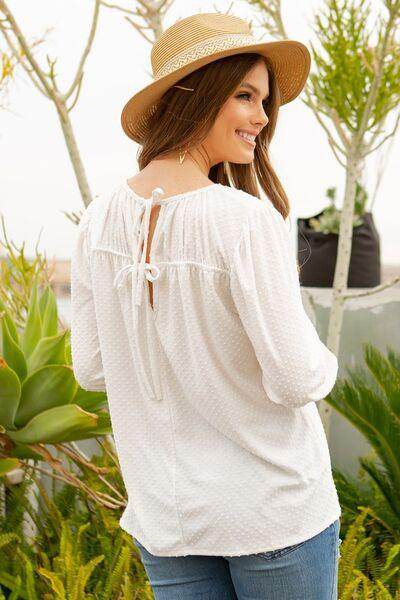Celeste Full Size Puff Sleeve and Bow Detail Top Plus Size - Selvanelle