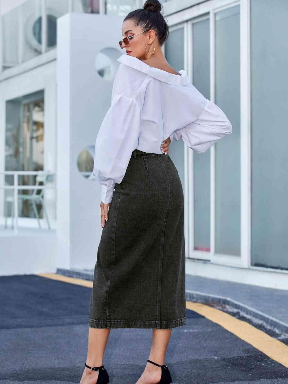Button Down Denim Skirt for Women in Various Sizes - Selvanelle