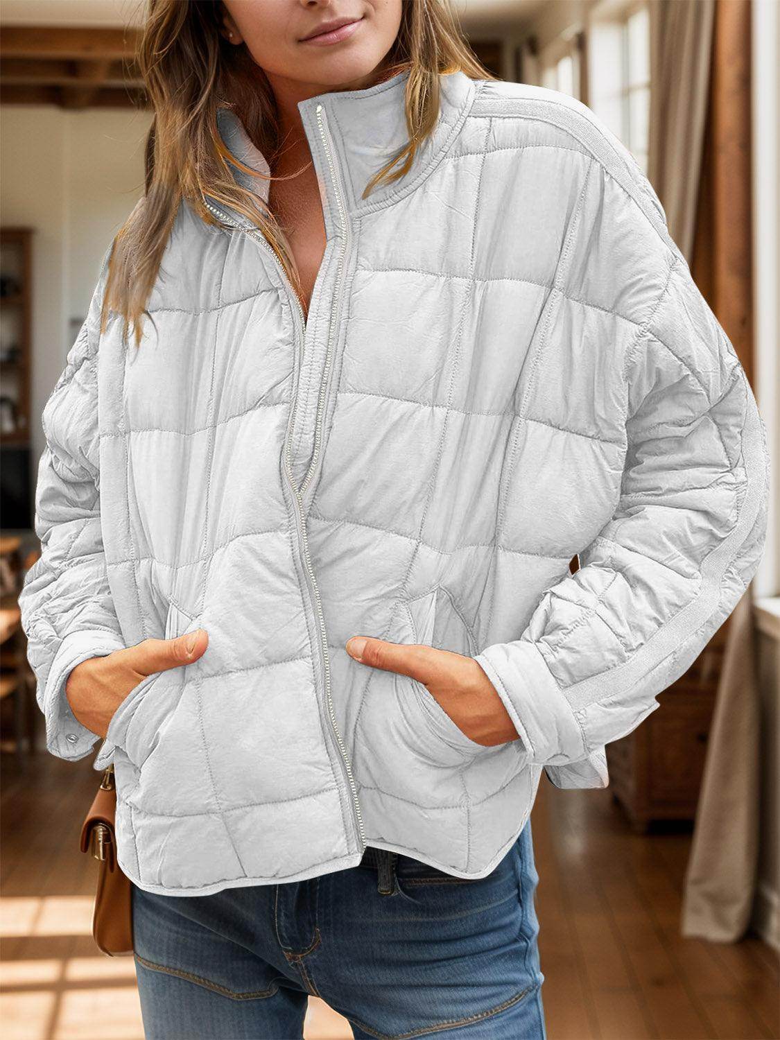Pocketed Plaid Quilted Zip Up Winter Coat for Women - Selvanelle