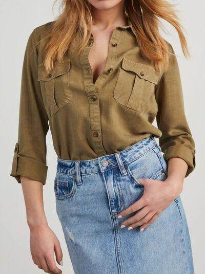 Collared Neck Roll-Tab Sleeve Denim Top for Women - Selvanelle