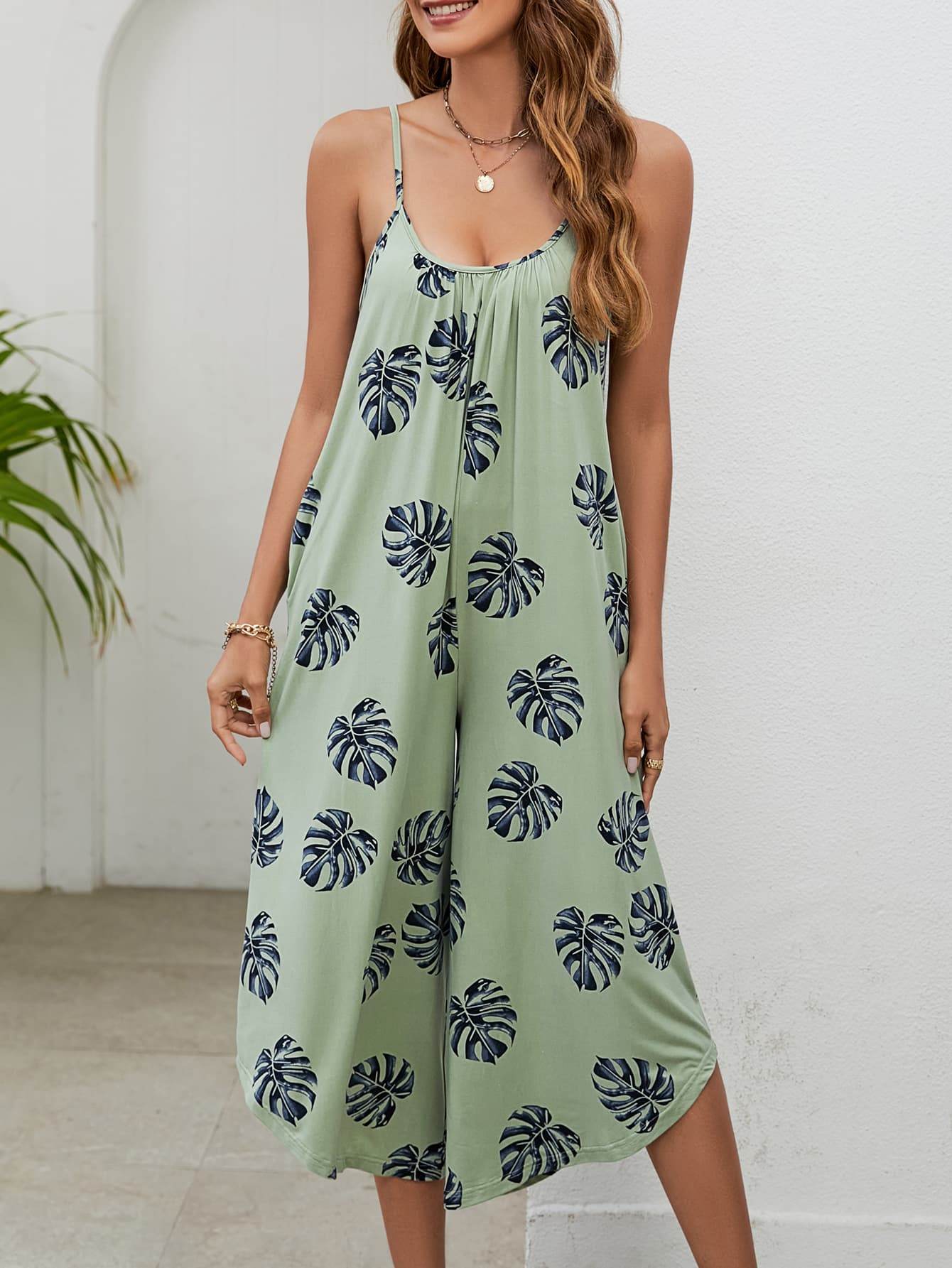 Botanical Print Spaghetti Strap Scoop Neck Jumpsuit - Selvanelle