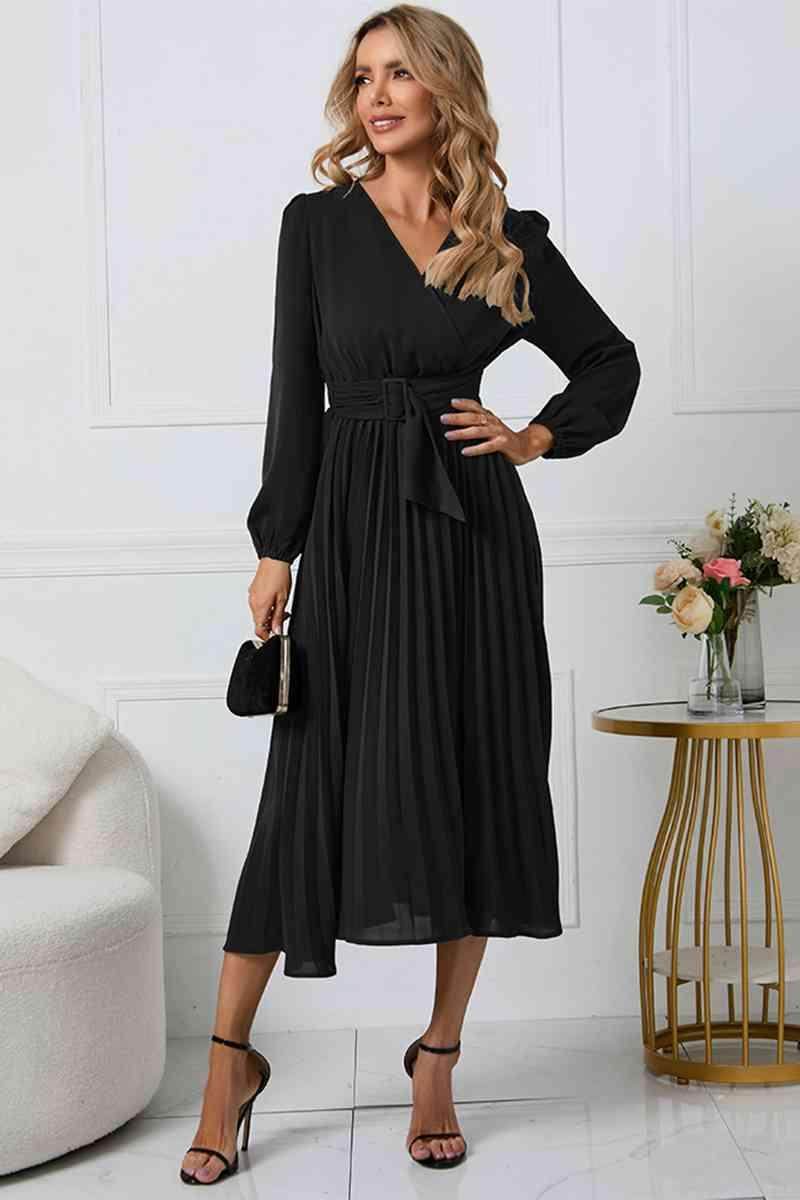 V-Neck Long Sleeve Tie Waist Midi Dress for Women - Selvanelle