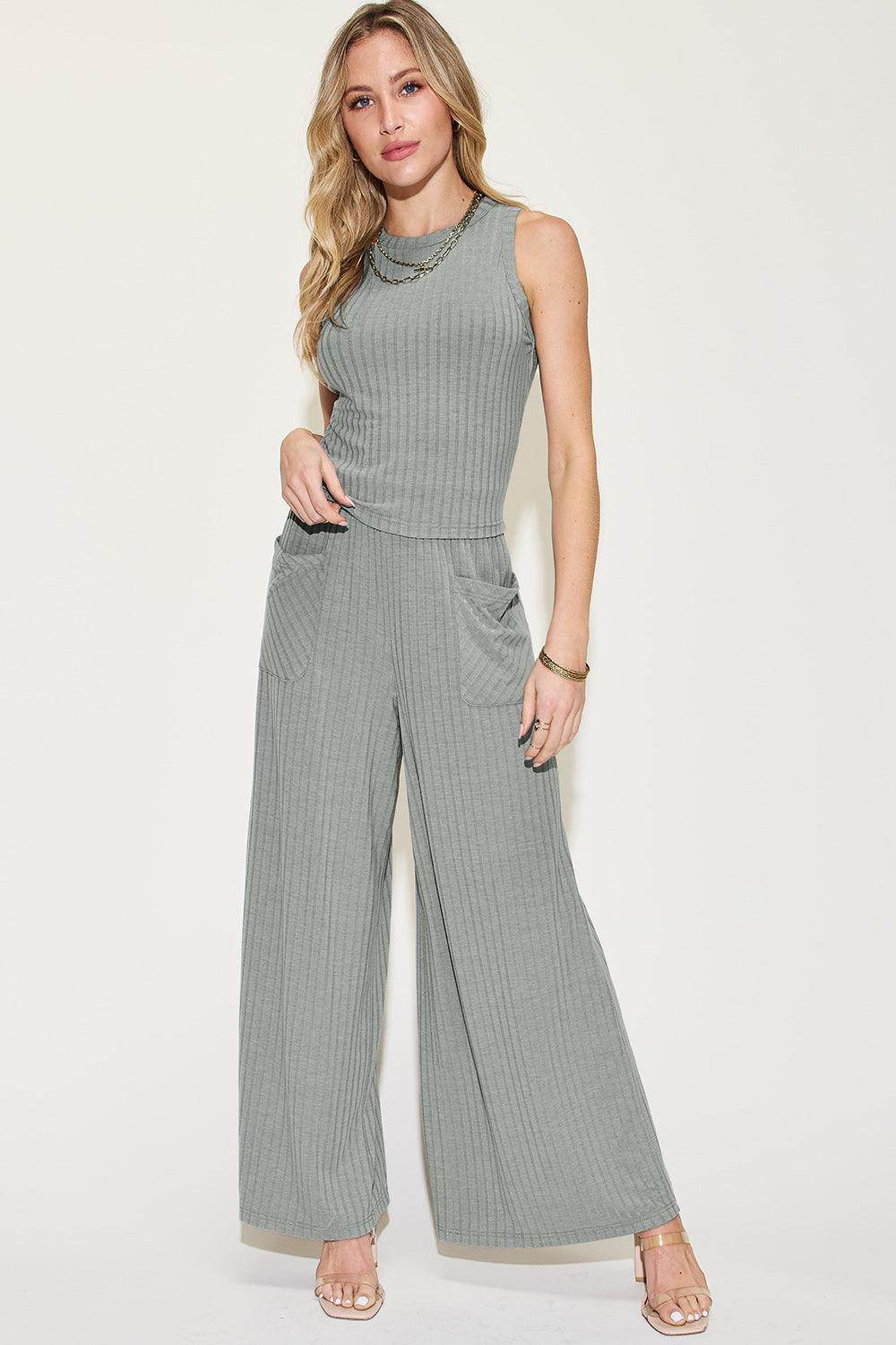 Basic Bae Full Size Ribbed Tank and Wide Leg Pants Set - Selvanelle