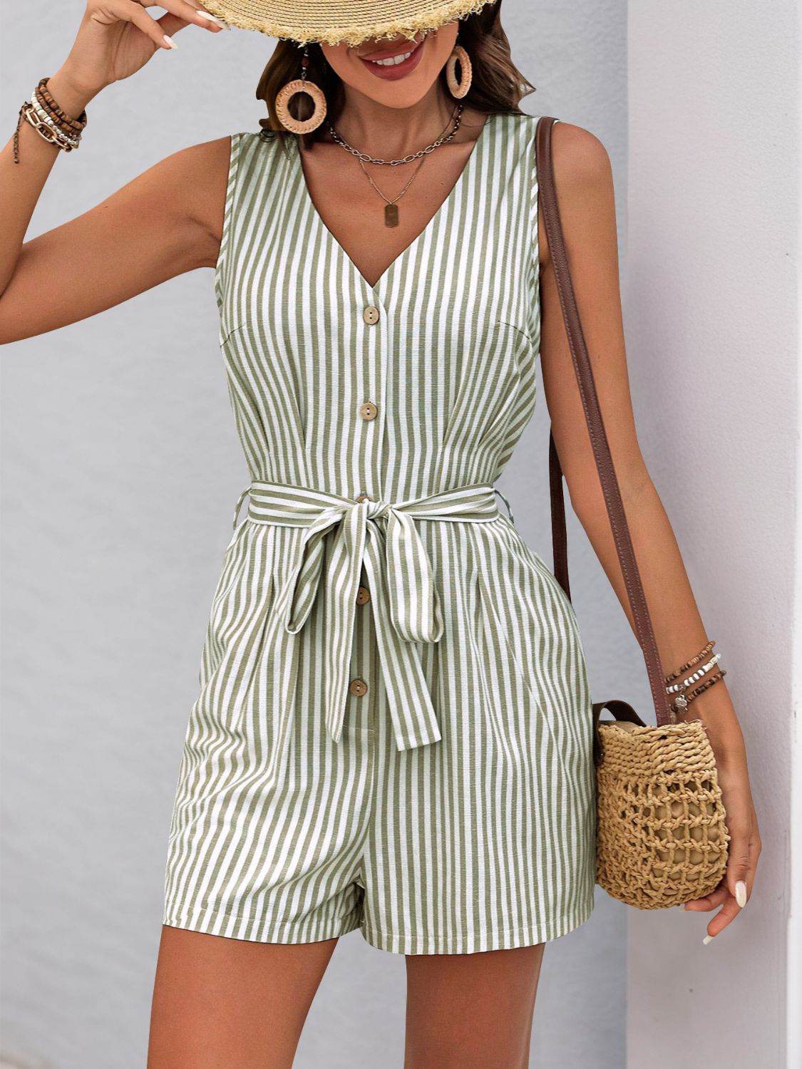 Perfee Striped V-Neck Tie Waist Romper - Selvanelle