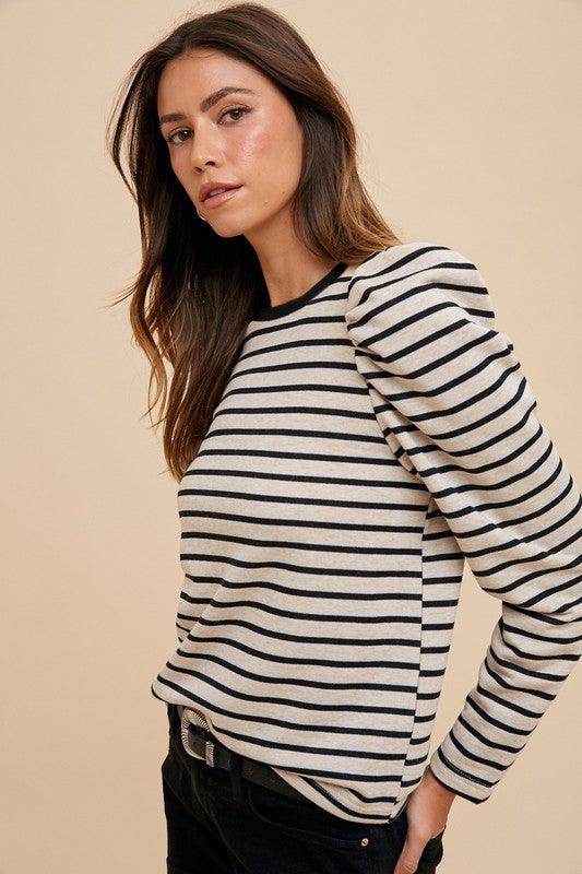 Annie Wear Striped Round Neck Puff Sleeve Top for Women - Selvanelle