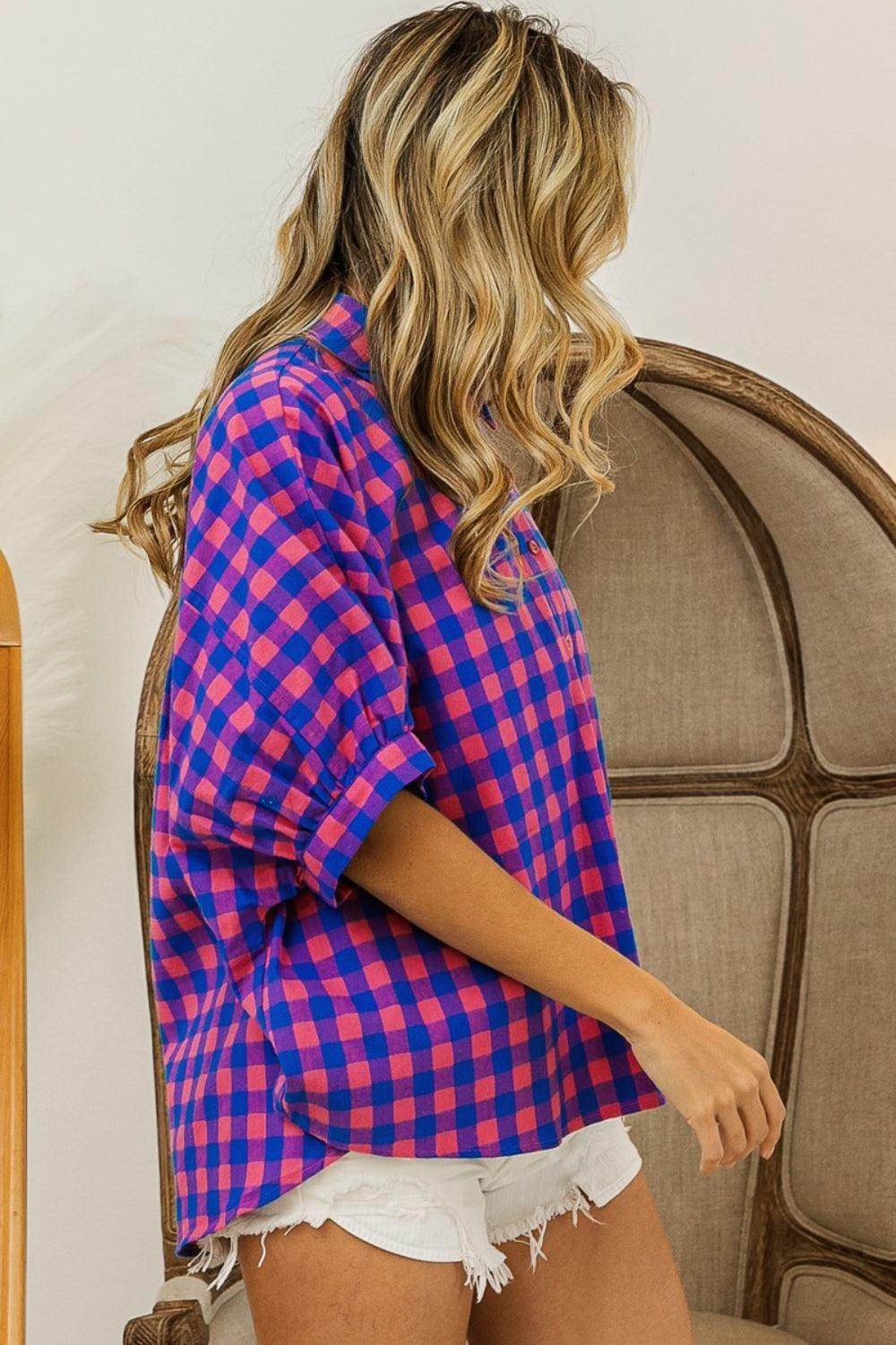 BiBi Plaid Button Up Dolman Sleeve Shirt for Women - Selvanelle