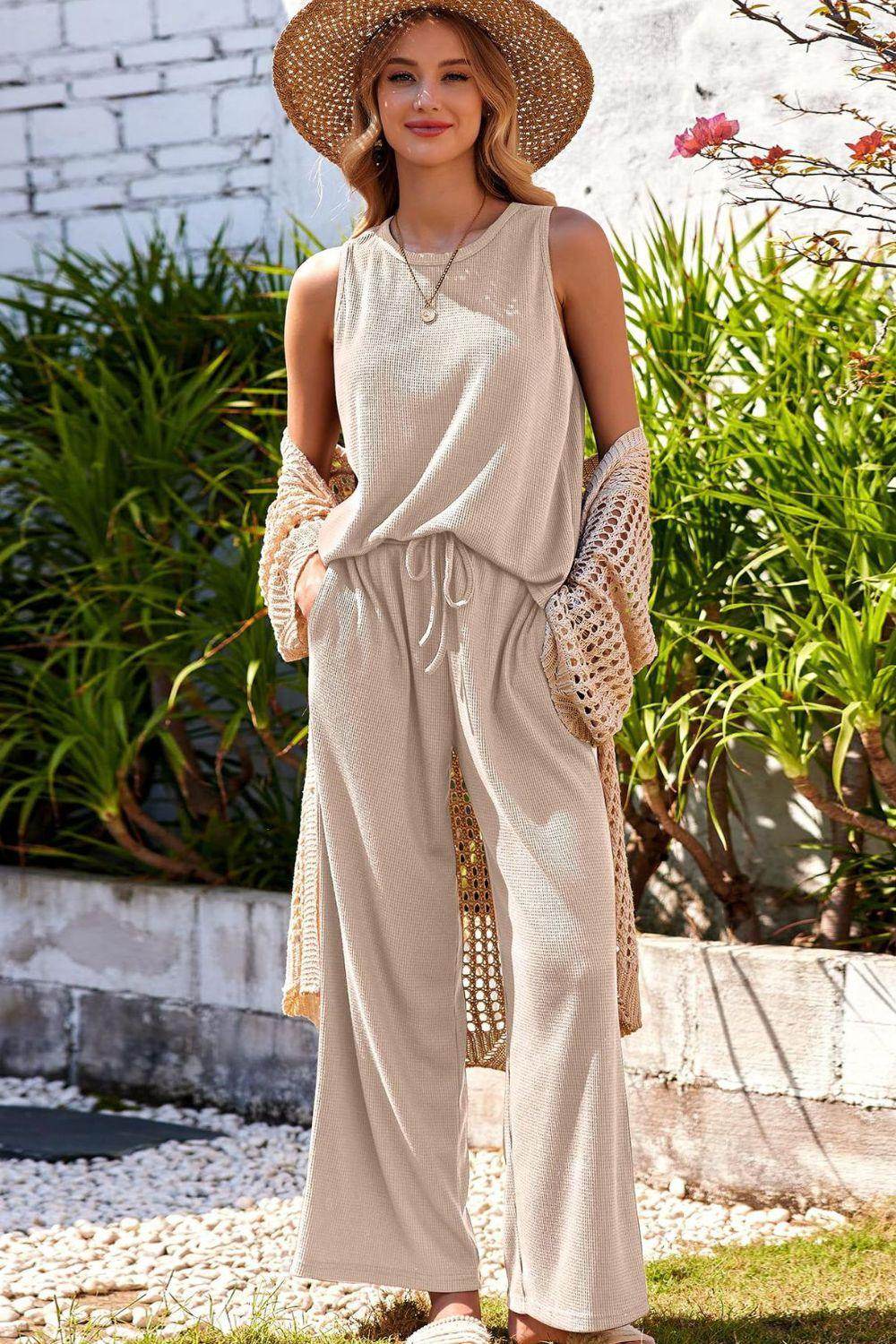 Waffle-Knit Round Neck Tank and Pants Set for Women - Selvanelle