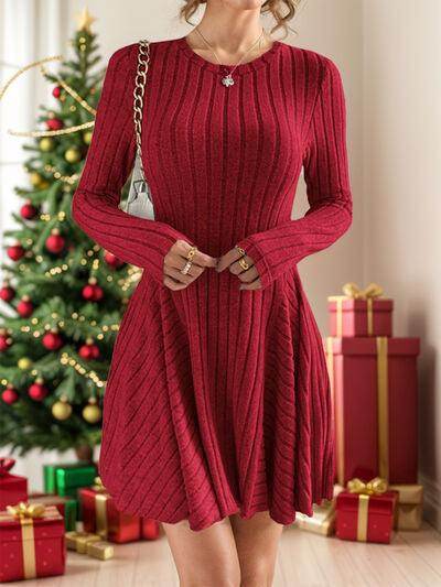 Ribbed Round Neck Long Sleeve Dress for Everyday Style - Selvanelle