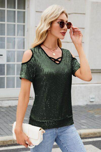 Sequin Cold Shoulder Short Sleeve Blouse for Women - Selvanelle