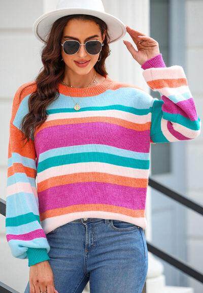 Striped Round Neck Drop Shoulder Sweater for Women - Selvanelle