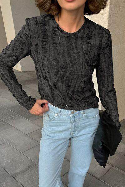 Distressed Round Neck Long Sleeve Blouse for Women Stylish - Selvanelle