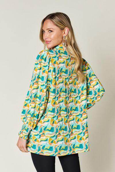 Double Take Full Size Printed Smocked Long Sleeve Blouse - Selvanelle