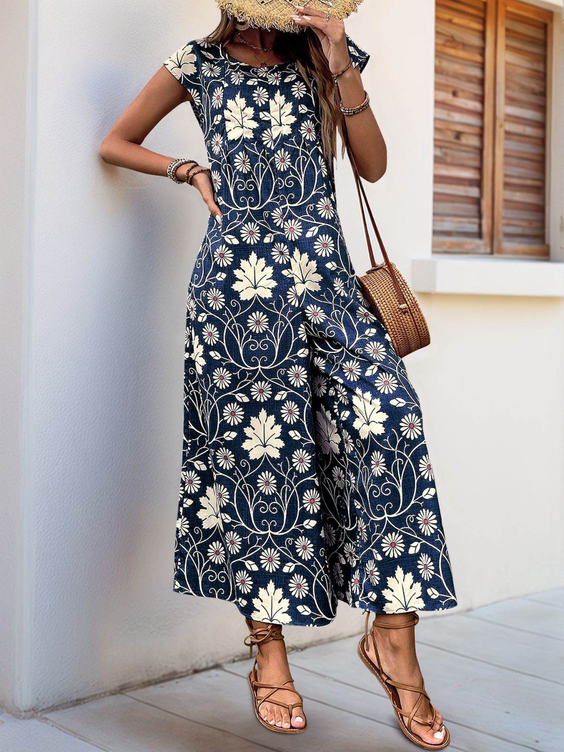 Perfee Printed Round Neck Cap Sleeve Wide Leg Jumpsuit - Selvanelle