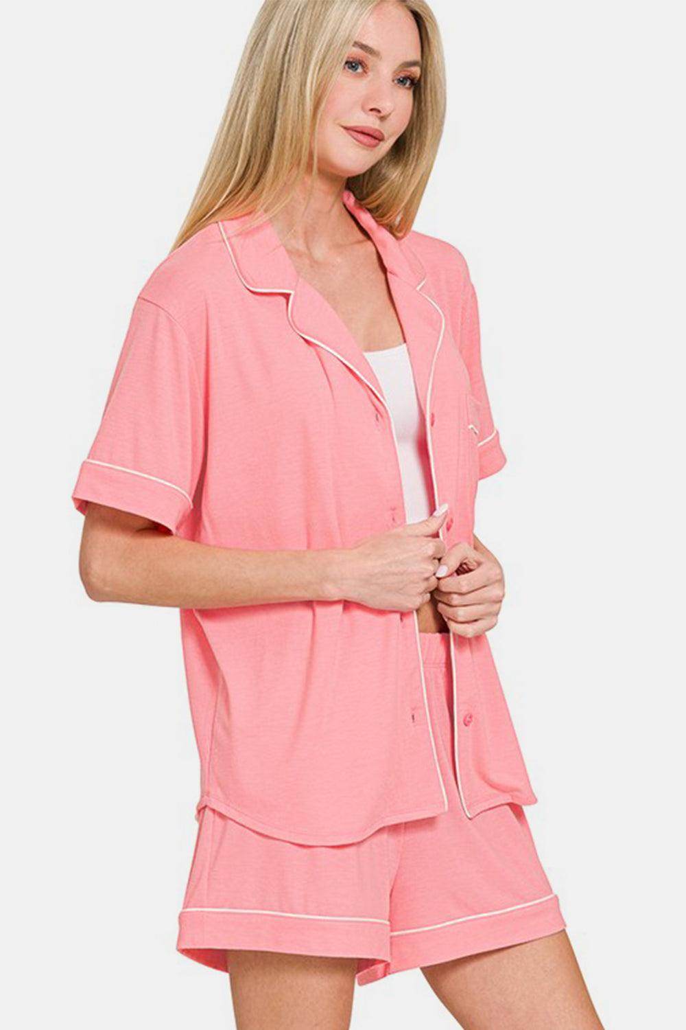 Zenana Button Down Short Sleeve Top and Shorts Lounge Set - Selvanelle