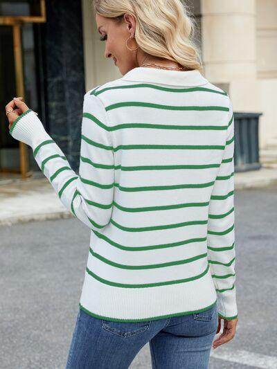 Striped Johnny Collar Long Sleeve Sweater for Women - Selvanelle