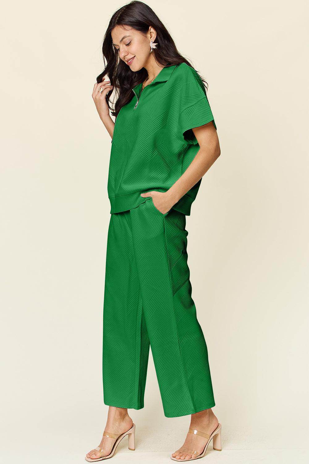 Double Take Full Size Texture Half Zip Short Sleeve Top Set - Selvanelle