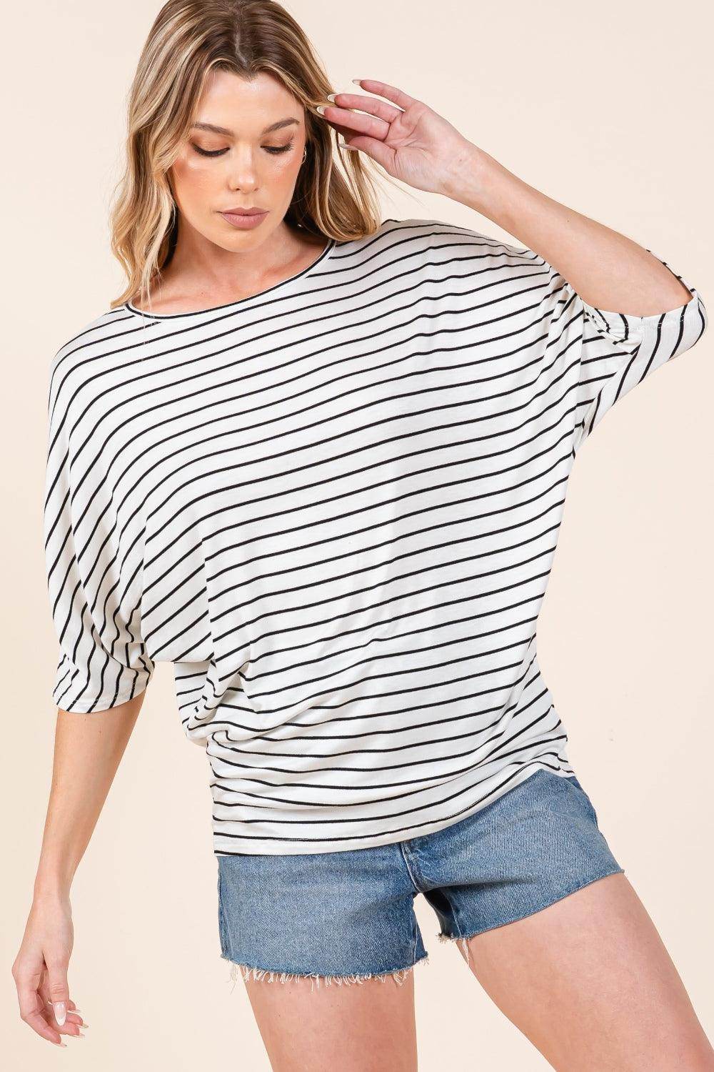 BOMBOM Striped Boat Neck Dolman Sleeve Top for Women - Selvanelle