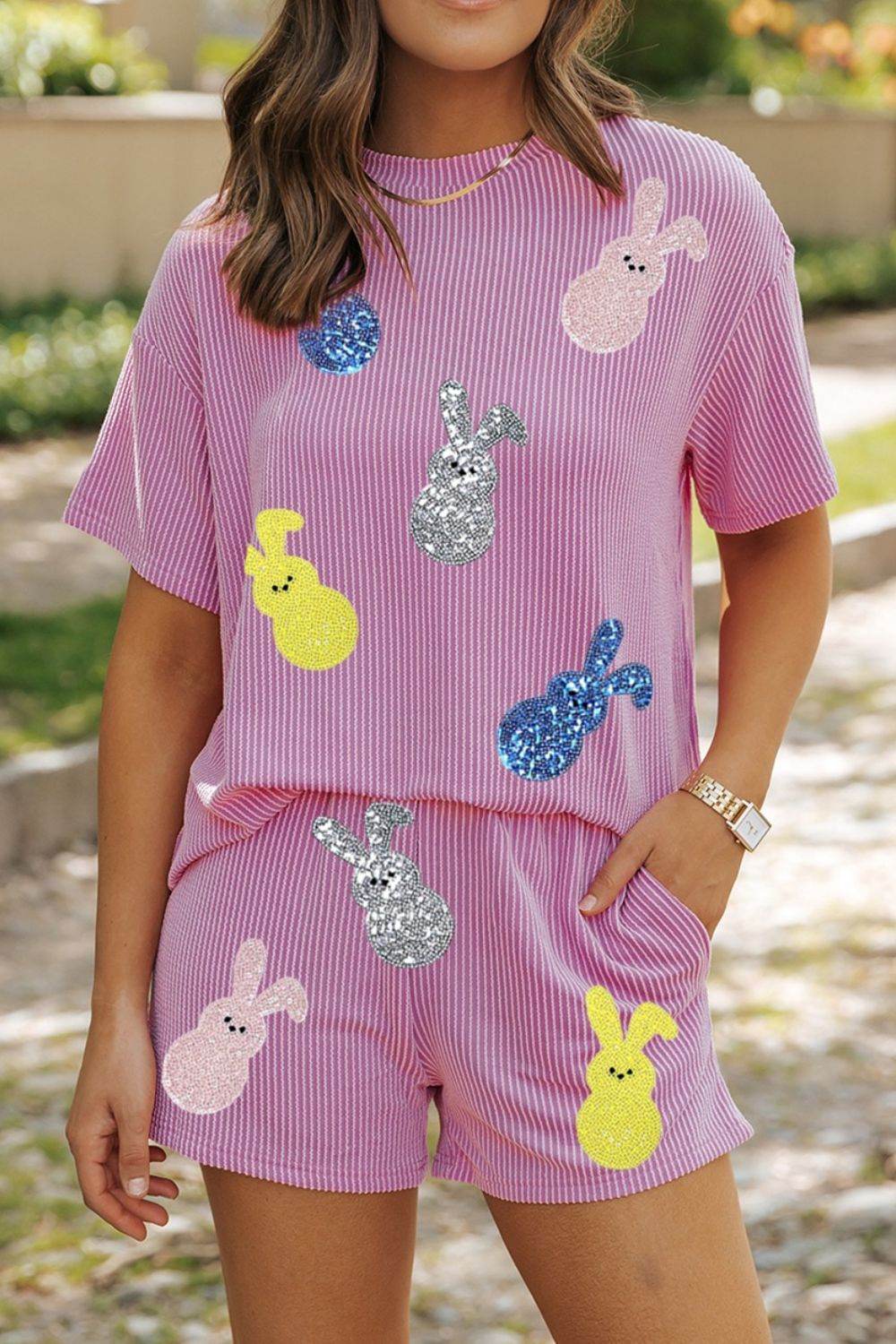 Ribbed Sequined Easter Bunny T-Shirt and Shorts Set - Selvanelle