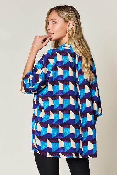 Double Take Full Size Geometric Notched Half Sleeve Blouse - Selvanelle