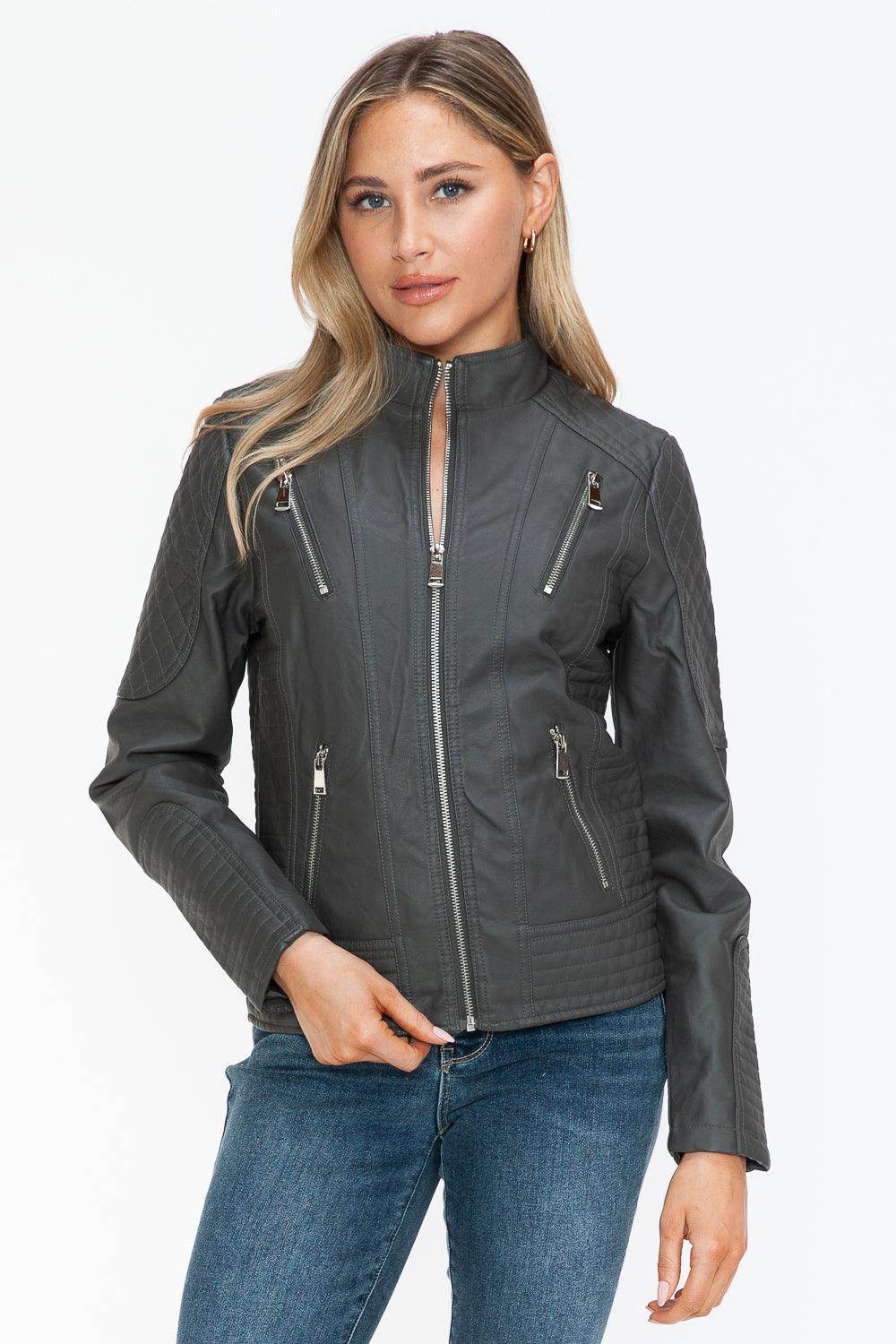 Snobbish Faux Leather Zip Up Mock Neck Jacket for Women - Selvanelle