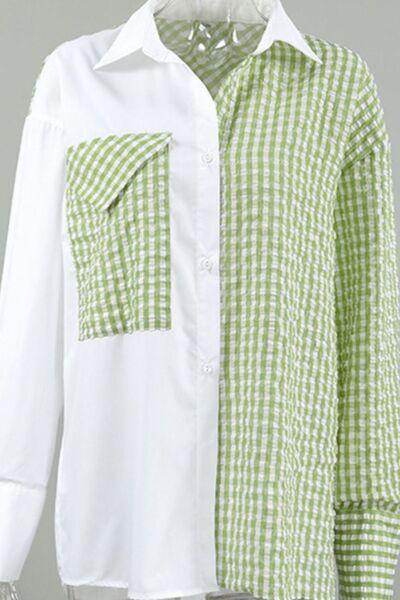 Two-Tone Plaid Button Down Long Sleeve Shirt for Women - Selvanelle