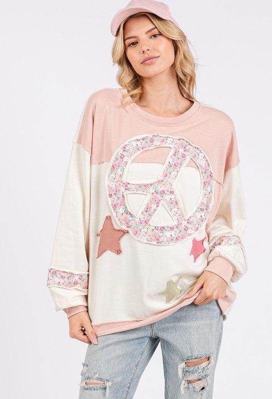 SAGE + FIG Peace & Star Patch Contrast Round Neck Sweatshirt - Selvanelle